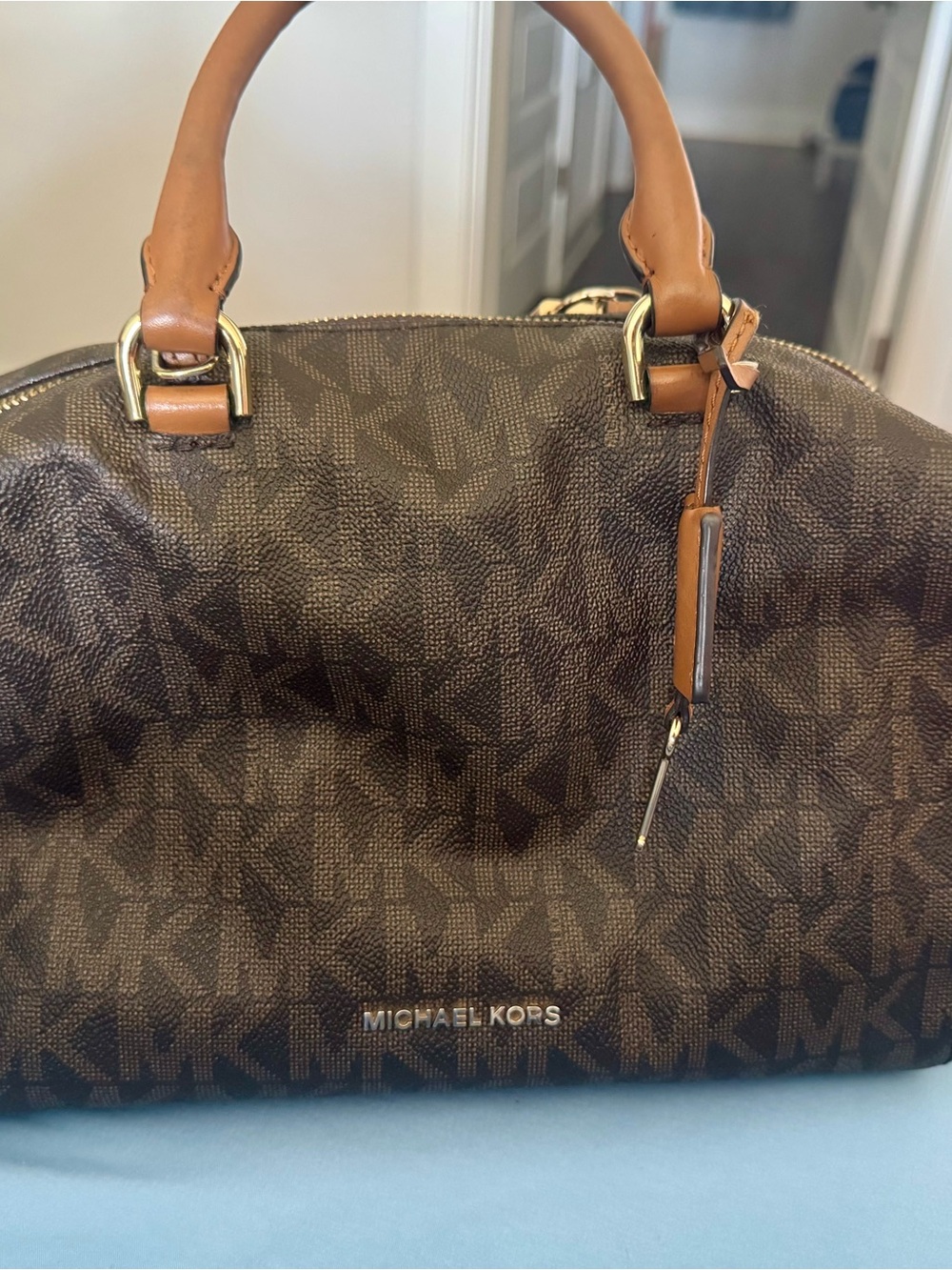 Michael Kors Brown MK Logo Duffel with Tan Handles and Gold Hardware